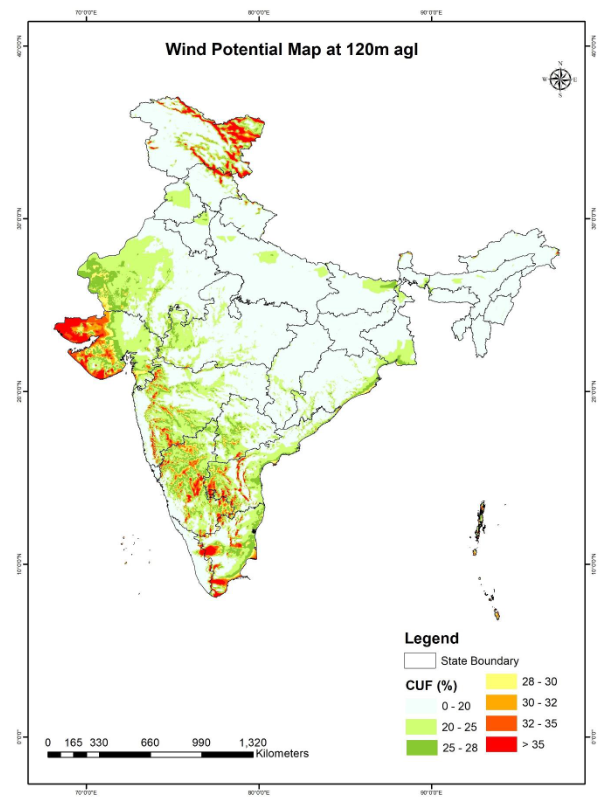 Wind Potential Map of India at 120m agl